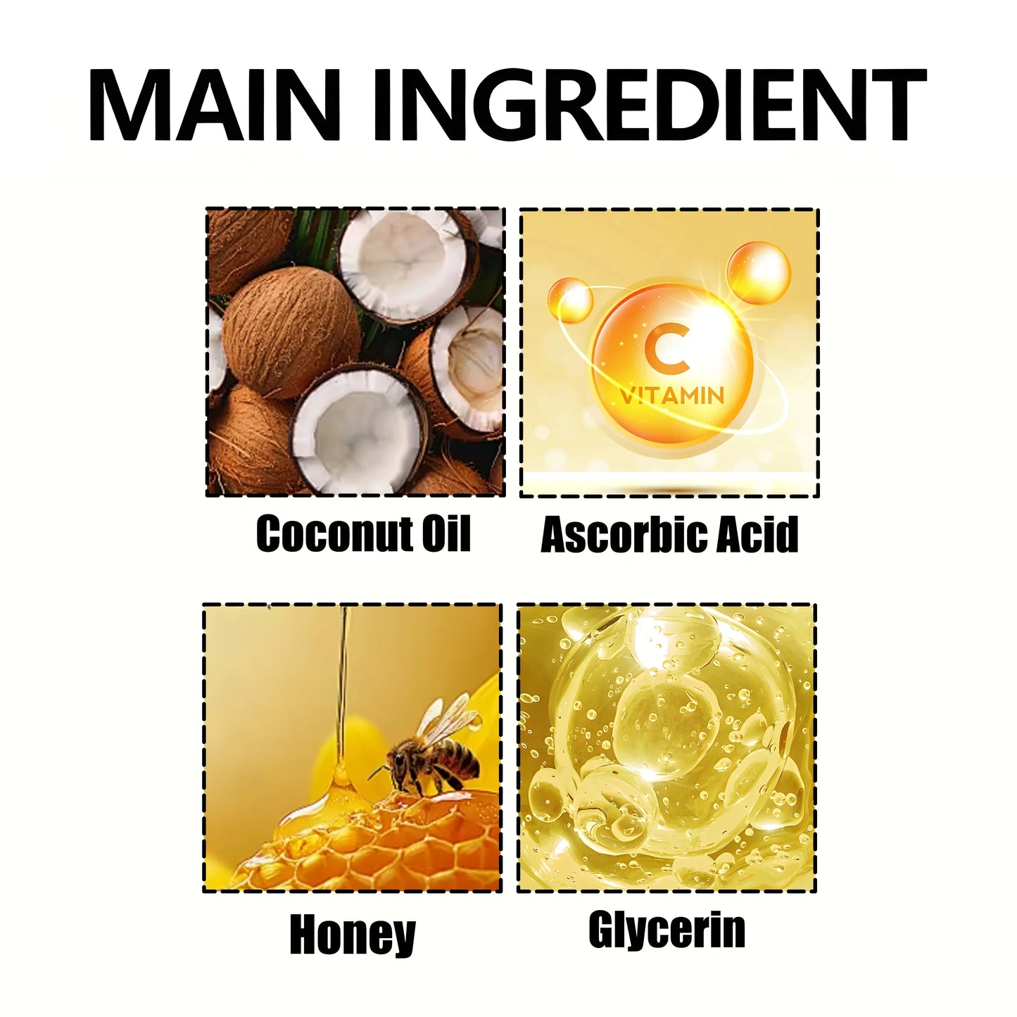 List of main ingredients including coconut oil, ascorbic acid, honey, and glycerin with corresponding images.
