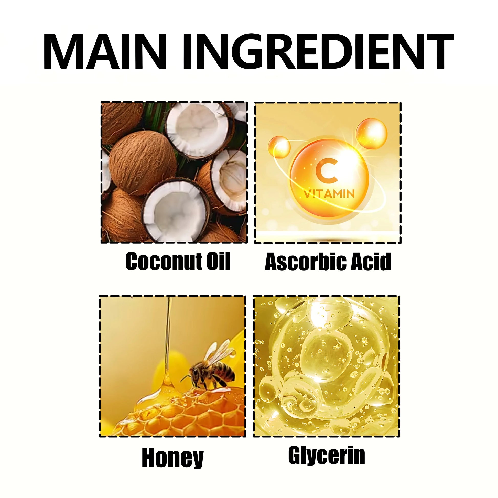 List of main ingredients including coconut oil, ascorbic acid, honey, and glycerin with corresponding images.