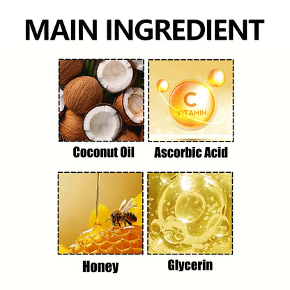 List of main ingredients including coconut oil, ascorbic acid, honey, and glycerin with corresponding images.
