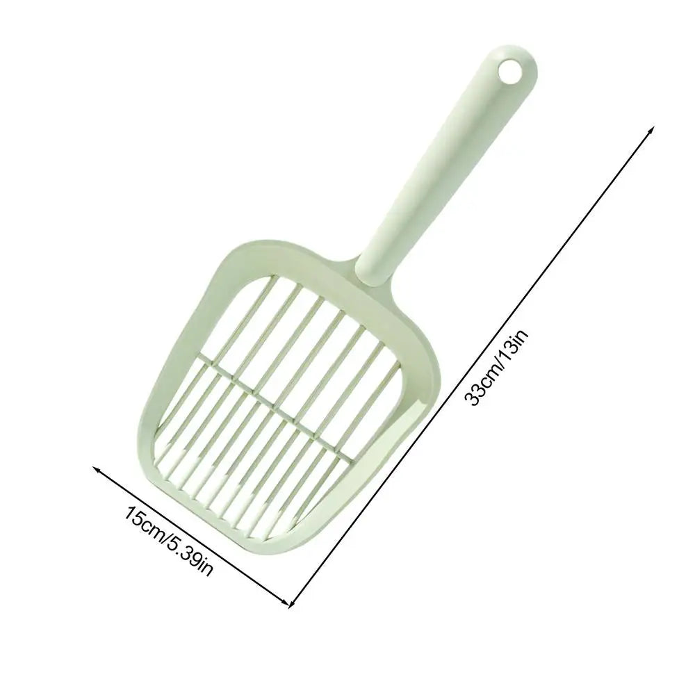 Light green pet scoop with dimensions on a white background