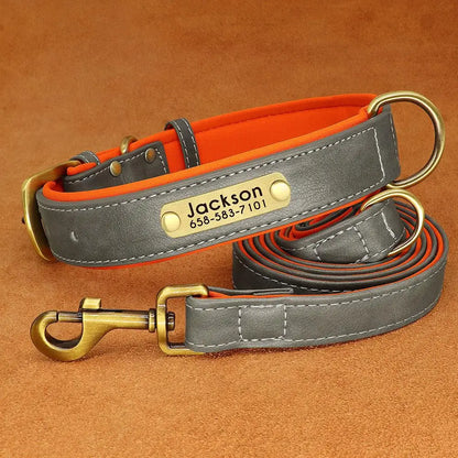 Personalized Engraved Pu Leather Dog Collar Leash Set With Id Tag & Quick Release Buckle