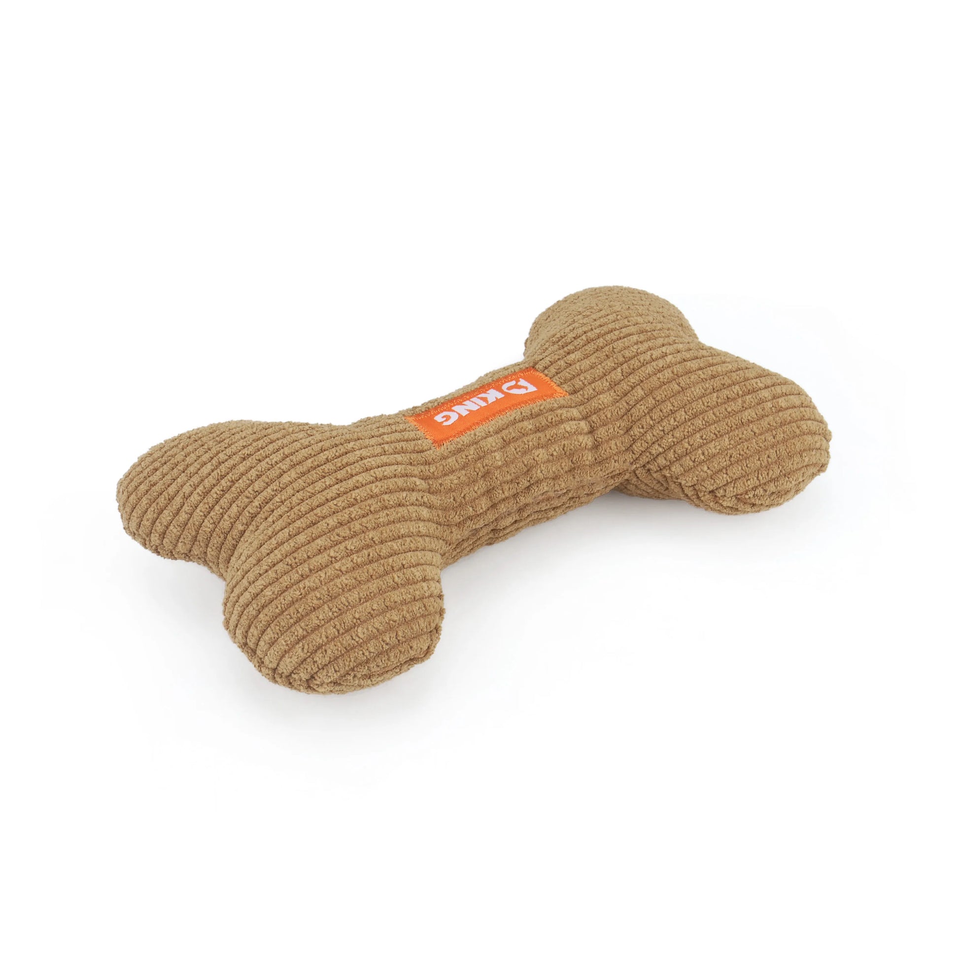 Brown knitted dog toy with a brand label on a white background