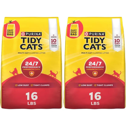 Two bags of Purina Tidy Cats multi-cat clumping litter on a white background