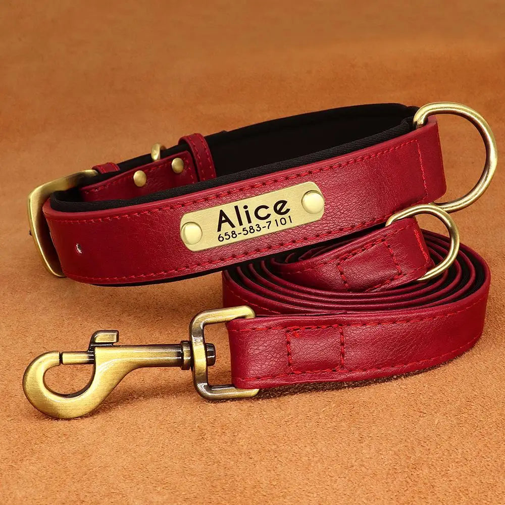 Personalized Engraved Pu Leather Dog Collar Leash Set With Id Tag & Quick Release Buckle