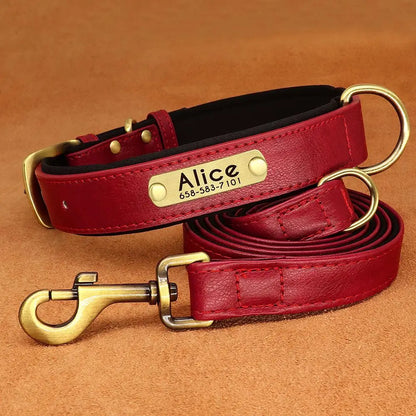 Personalized Engraved Pu Leather Dog Collar Leash Set With Id Tag & Quick Release Buckle