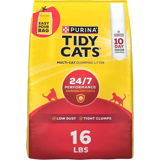 Bag of Purina Tidy Cats multi-cat clumping litter with yellow and red design.