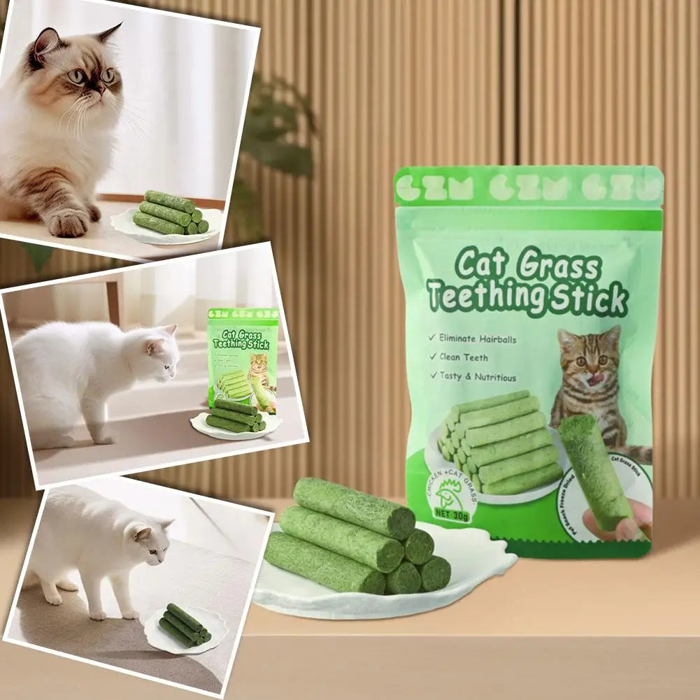 Cat grass teething sticks with a package labeled 'Cat Grass Teething Stick' on a wooden surface.