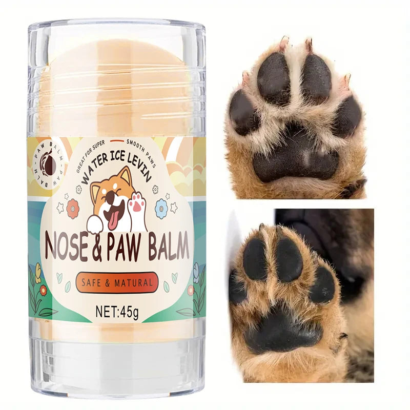 Nose and paw balm with a label and images of dog paws.