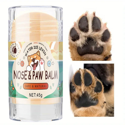 Nose and paw balm with a label and images of dog paws.