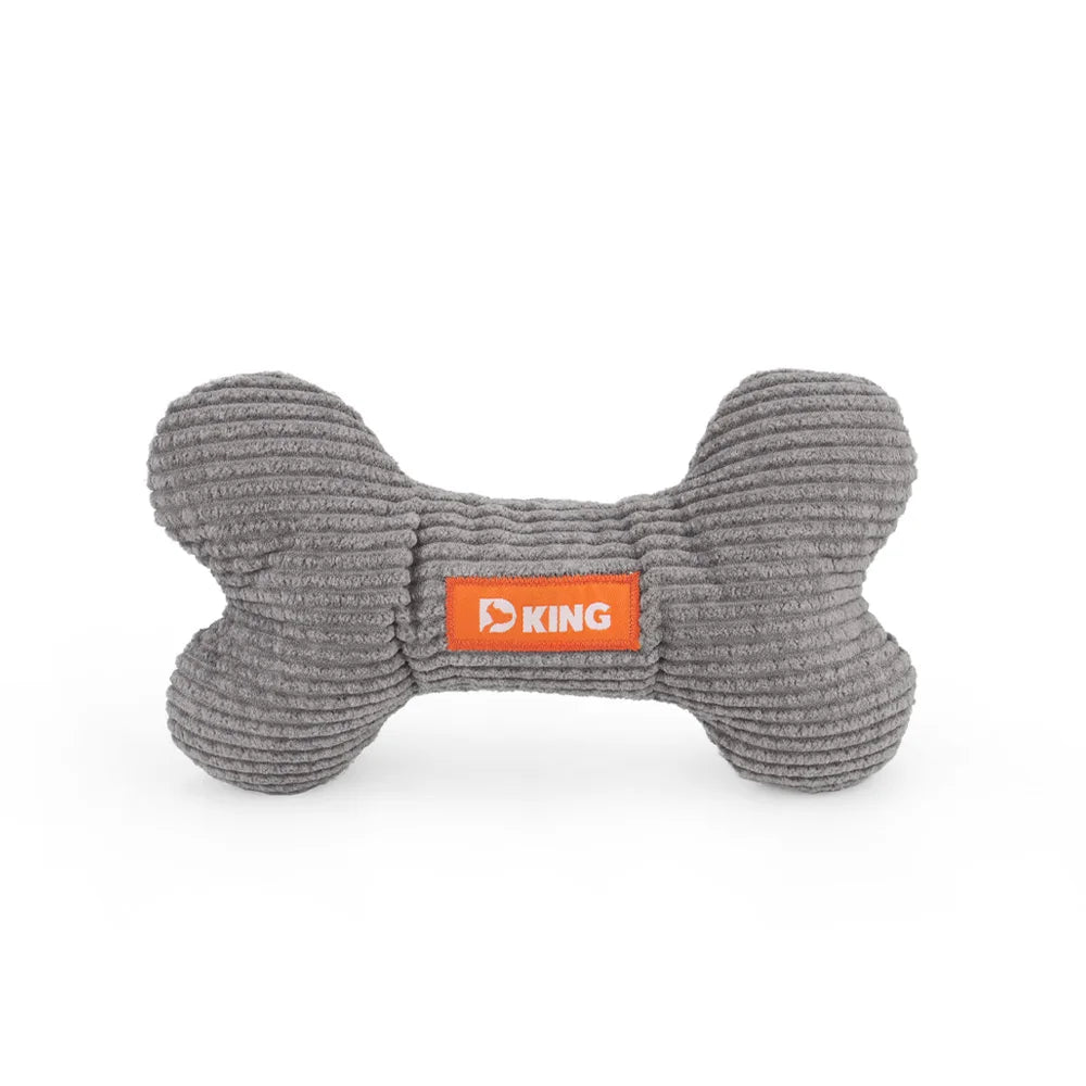 Gray bone-shaped dog toy with an orange 'KING' label on a white background