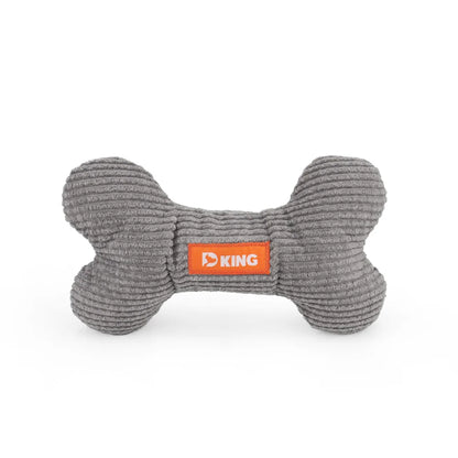 Gray bone-shaped dog toy with an orange 'KING' label on a white background