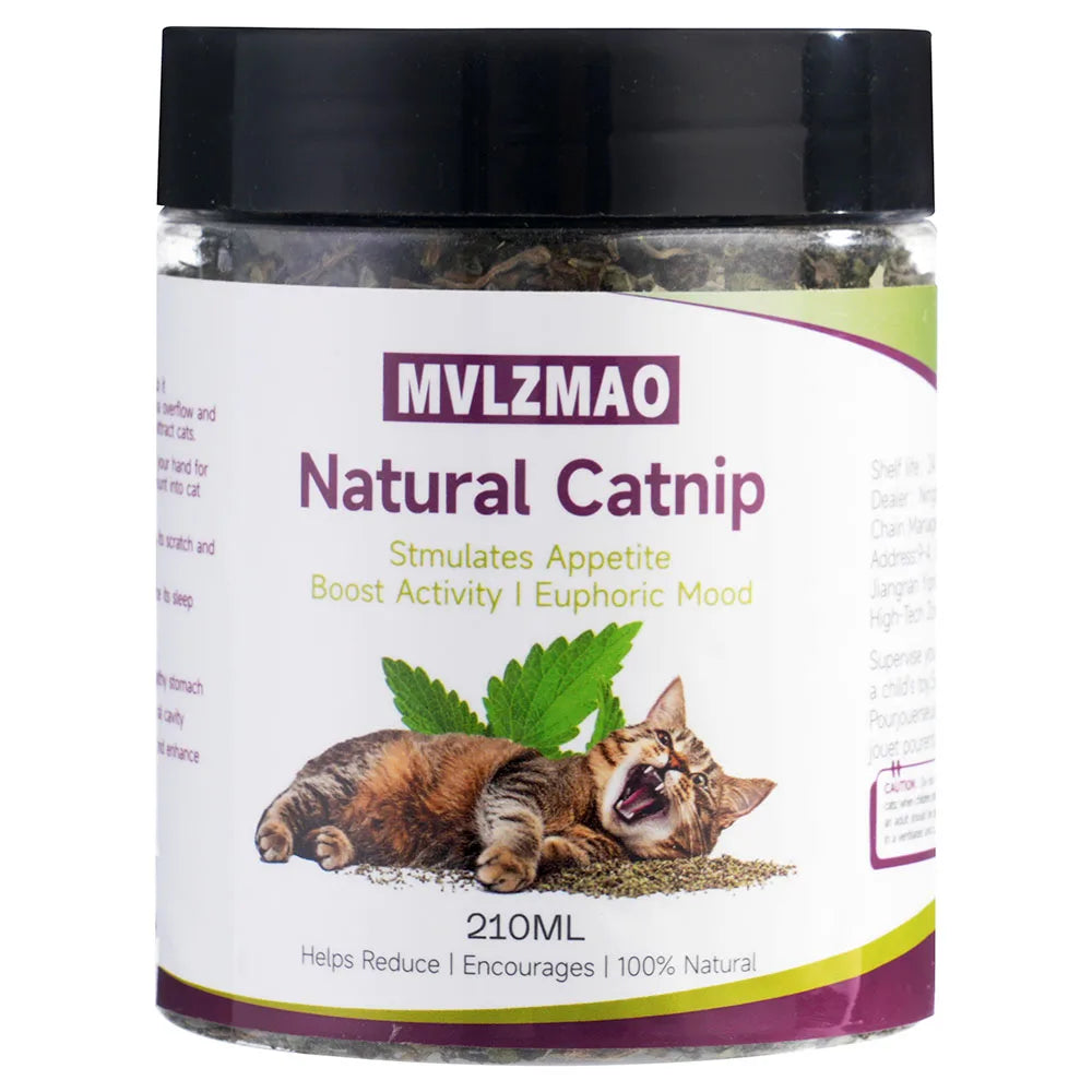 Jar of MVLZMAO Natural Catnip with a cat on the label