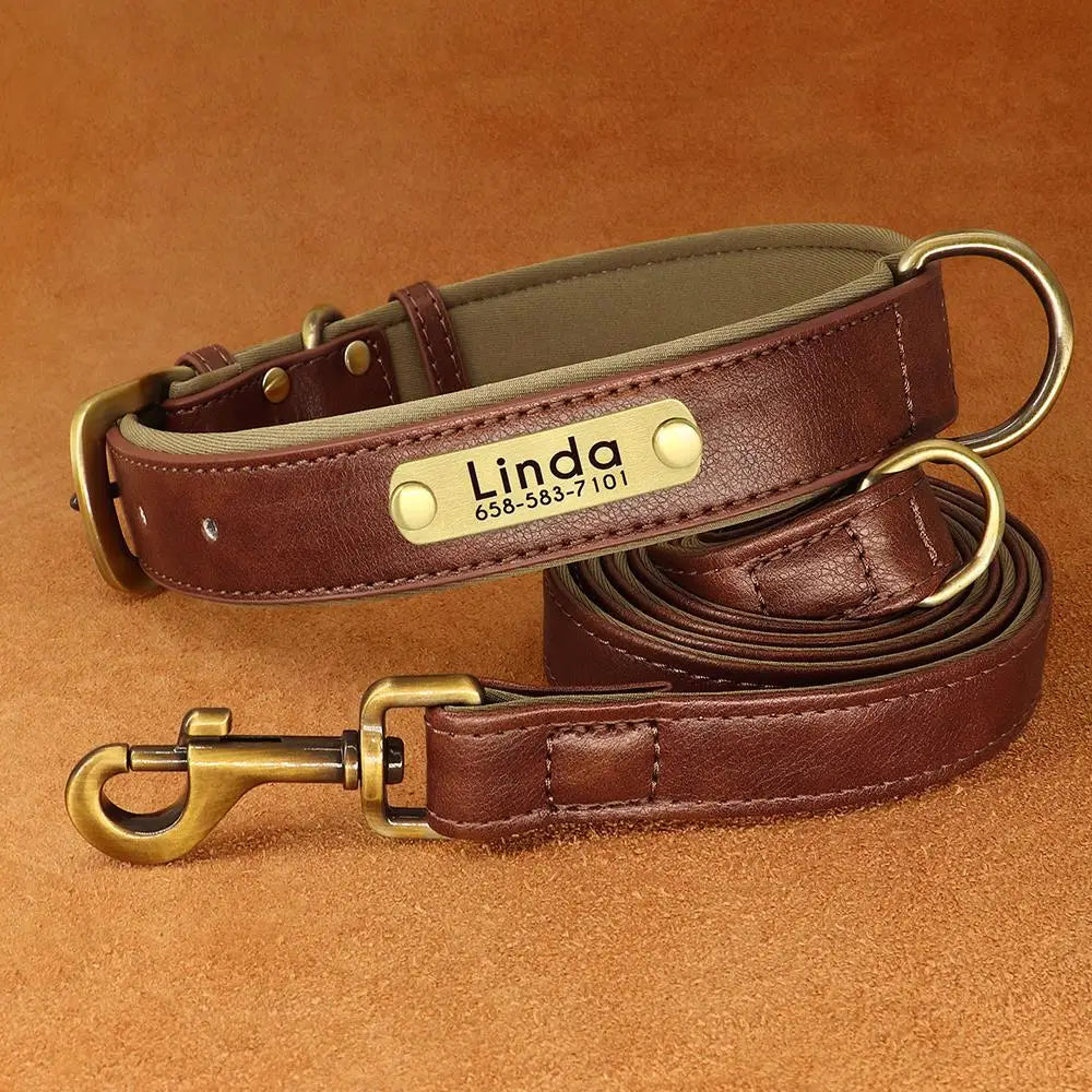 Personalized Engraved Pu Leather Dog Collar Leash Set With Id Tag & Quick Release Buckle