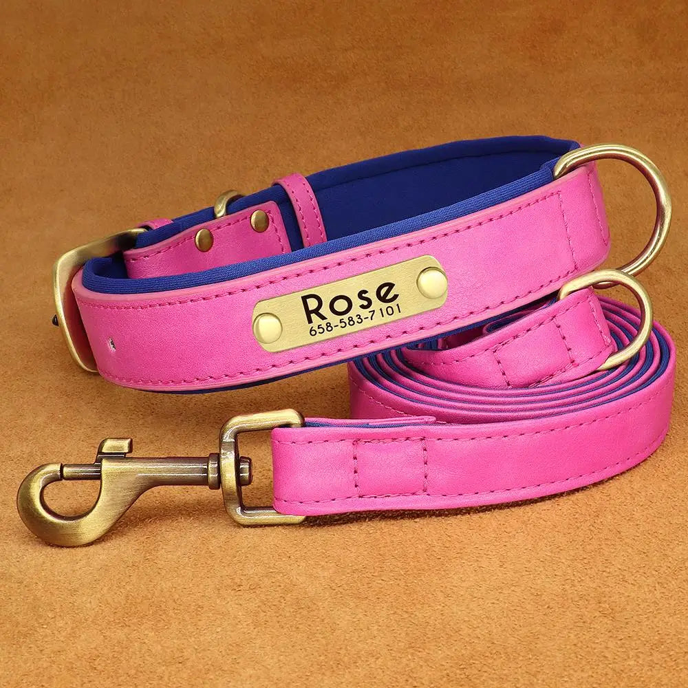 Personalized Engraved Pu Leather Dog Collar Leash Set With Id Tag & Quick Release Buckle