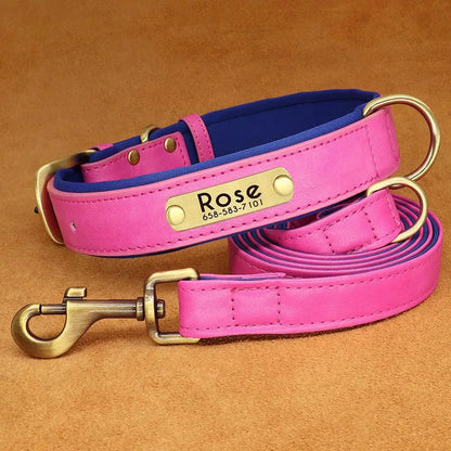 Personalized Engraved Pu Leather Dog Collar Leash Set With Id Tag & Quick Release Buckle